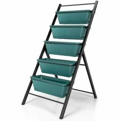 Best Sale 🎉 TIRAMISUBEST 5-Tier Vertical Green Iron Frame Garden Planter Box Elevated Raised Bed with 5 Container ❤️
