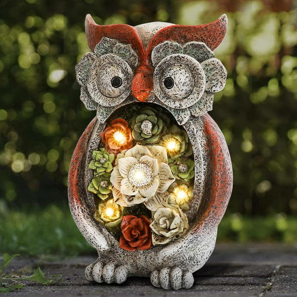 Wholesale 👍 TIRAMISUBEST 9.8 in. H Outdoor Solar Powered Cute Owl and Flowers Garden Statue ❤️ - Image 2