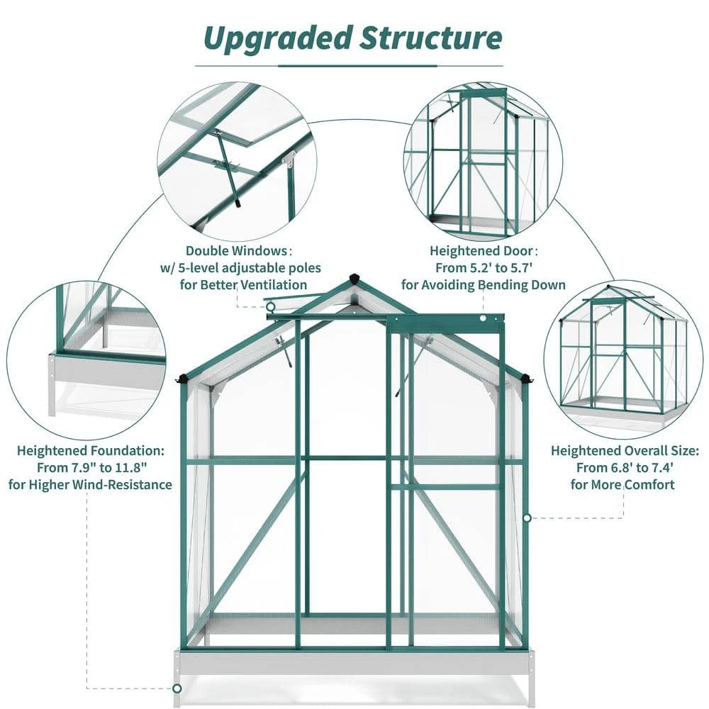 Budget โ๏ธ TIRAMISUBEST 6 ft. x 4 ft. x 7 ft. Aluminum Green Walk-In Polycarbonate Greenhouse with 2 Windows and Base โจ - Image 6