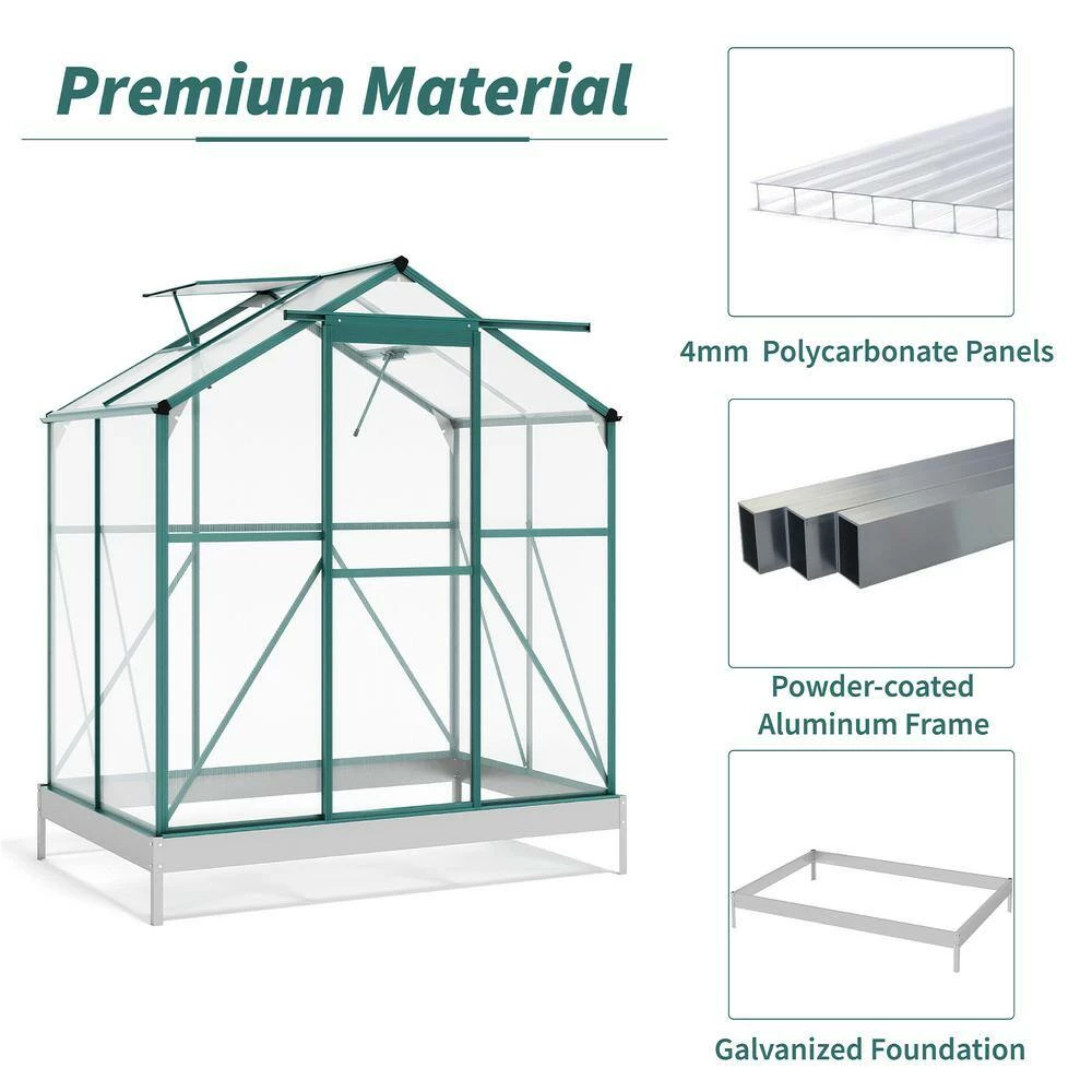 Budget โ๏ธ TIRAMISUBEST 6 ft. x 4 ft. x 7 ft. Aluminum Green Walk-In Polycarbonate Greenhouse with 2 Windows and Base โจ - Image 13