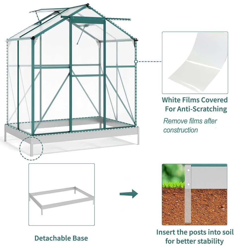 Budget โ๏ธ TIRAMISUBEST 6 ft. x 4 ft. x 7 ft. Aluminum Green Walk-In Polycarbonate Greenhouse with 2 Windows and Base โจ - Image 4