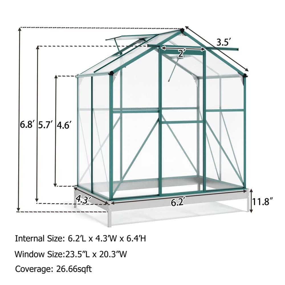 Budget โ๏ธ TIRAMISUBEST 6 ft. x 4 ft. x 7 ft. Aluminum Green Walk-In Polycarbonate Greenhouse with 2 Windows and Base โจ - Image 8